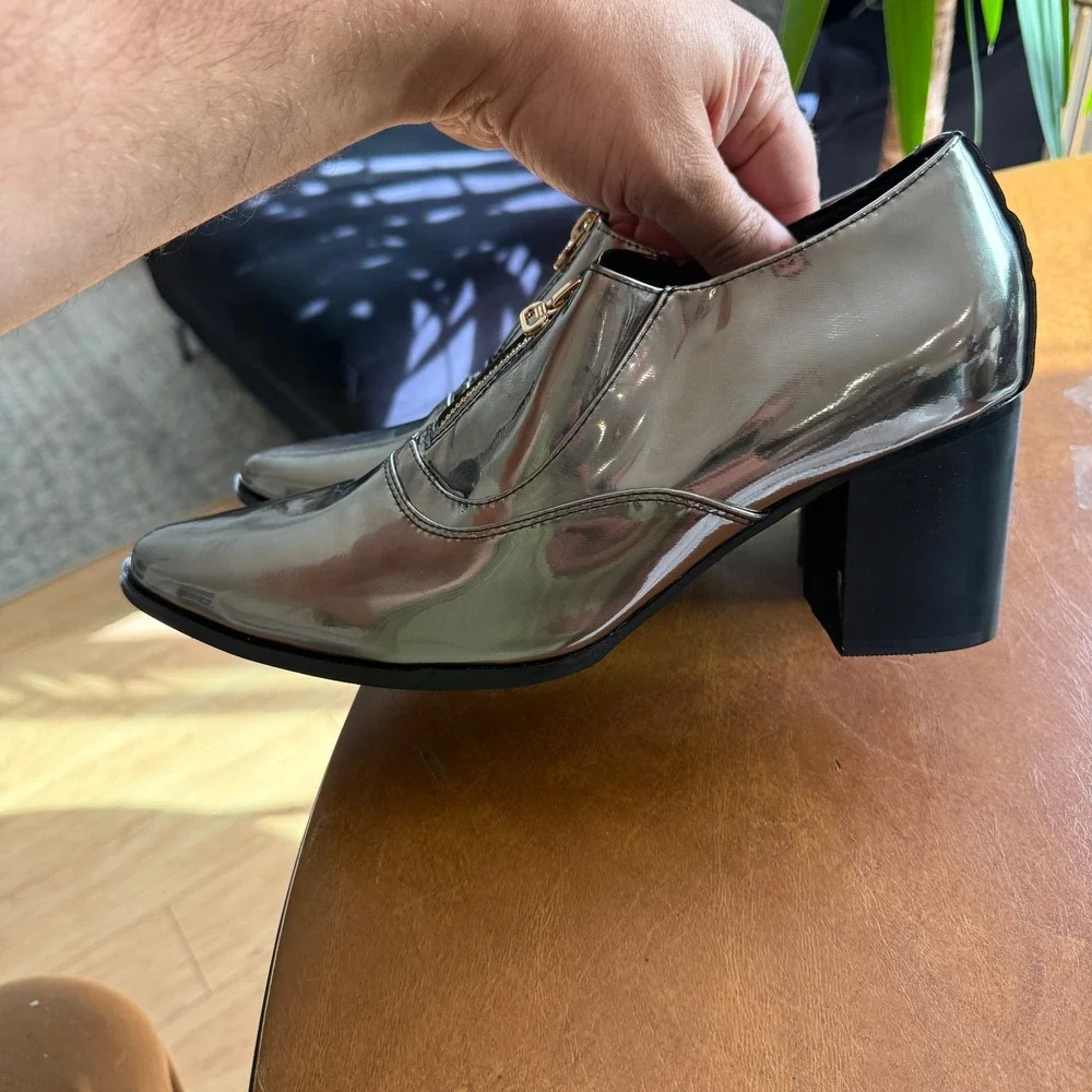 Santimon Men's US 9 Silver Bright Slip-on Opera Pumps Leather w/ SMALL SCUFF Hig